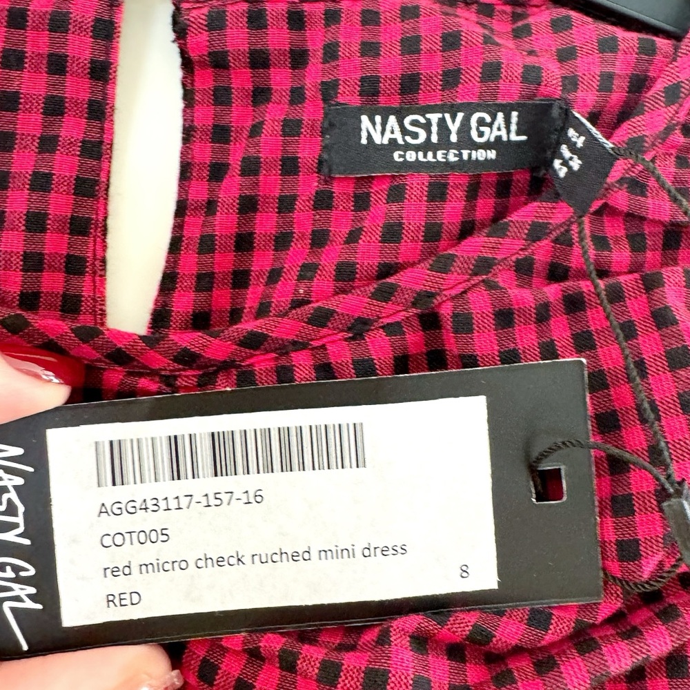New NASTY-GAL Gingham Ruched Puff Sleeve Mini Dress - Picture 9 of 12